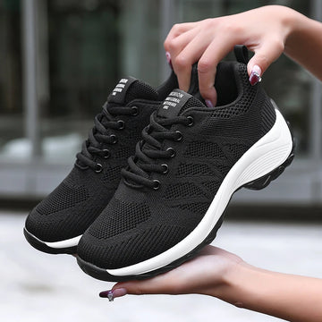 Xajzpa Women's Casual Shoes Breathable Walking Mesh Fabric Lace Up Flat Sports Shoes Women's Tenis Feminino Black Hiking Running Shoes